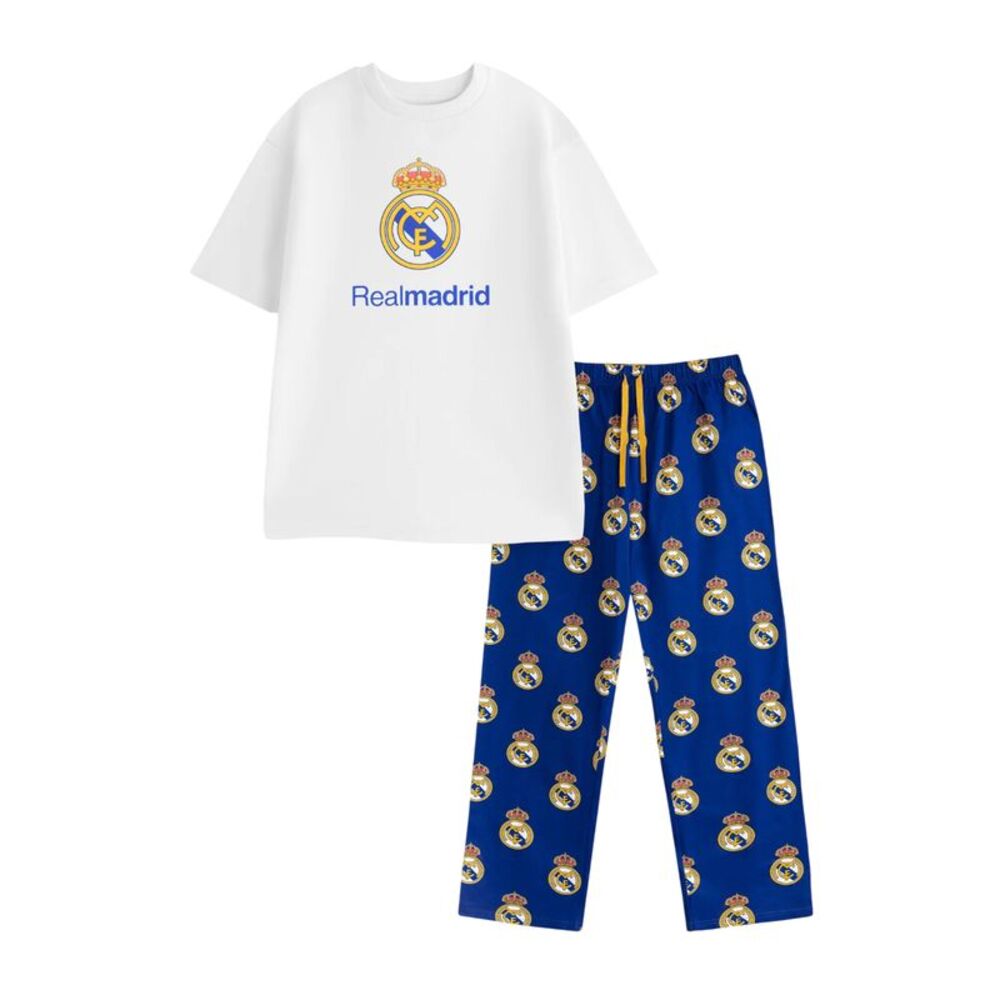Real Madrid CF Mens Crest Short-Sleeved Long Pyjama Set / White/Blue